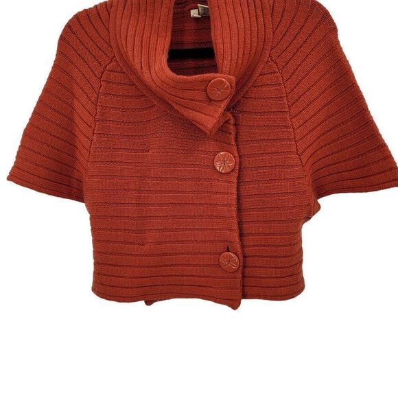 Moth Rust Wool Ribbed Knit Poncho L High Collar Button Cardigan Sweater Cape - Picture 5 of 12